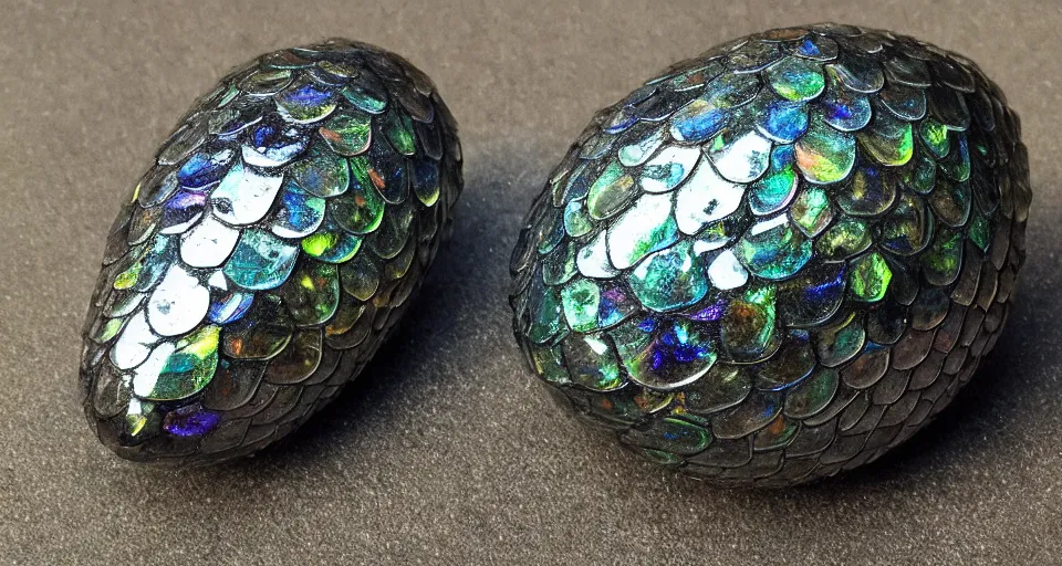 Prompt: Dragon Egg, Prismatic Dragon Scales, obsidian rock ground, photo realistic,ornate, highly detailed