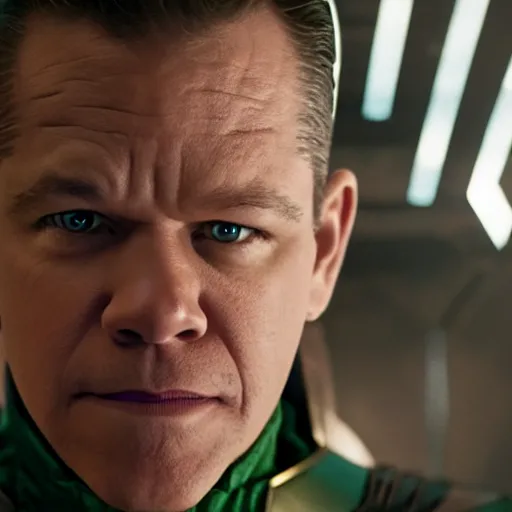 Prompt: film still of Matt Damon as Loki in Avengers Endgame