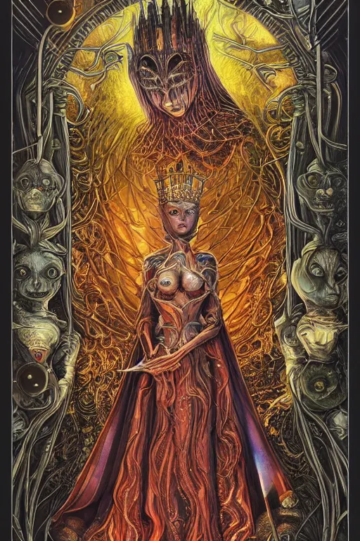 Prompt: tarot card of the queen of dreams by carol bak, jacek yerka, dan mumford, alex gray, victo ngai and h.r. giger, oil on canvas, 8k highly professionally detailed, HDR, trending on artstation