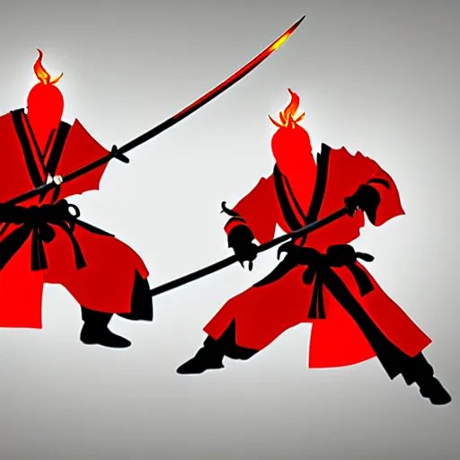 Image similar to Two samurais with flaming swords fighting, 8k, concept art, elegant