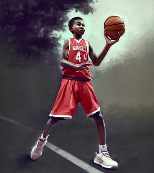 Prompt: portrait of a boy at a basketball court playing basketball wearing a basketball uniform in a basketball court standing near the basketball hoop, painted in 2040, intense emotion, detailed facial expression, detailed surroundings, intricate, elegant, highly detailed, centered, digital painting, artstation, concept art, smooth, sharp focus, illustration, by (Peter Mohrbacher), WLOP