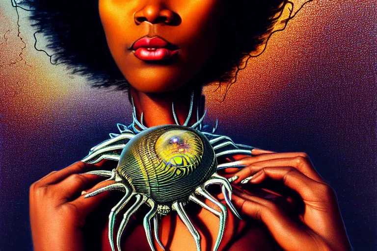 Image similar to realistic detailed photorealistic film closeup portrait shot of a beautiful black woman with a giant spider, sci fi city landscape background by denis villeneuve, amano, yves tanguy, alphonse mucha, ernst haeckel, david lynch, edward robert hughes, roger dean, cyber necklace, dynamic pose, rich moody colours, wide angle