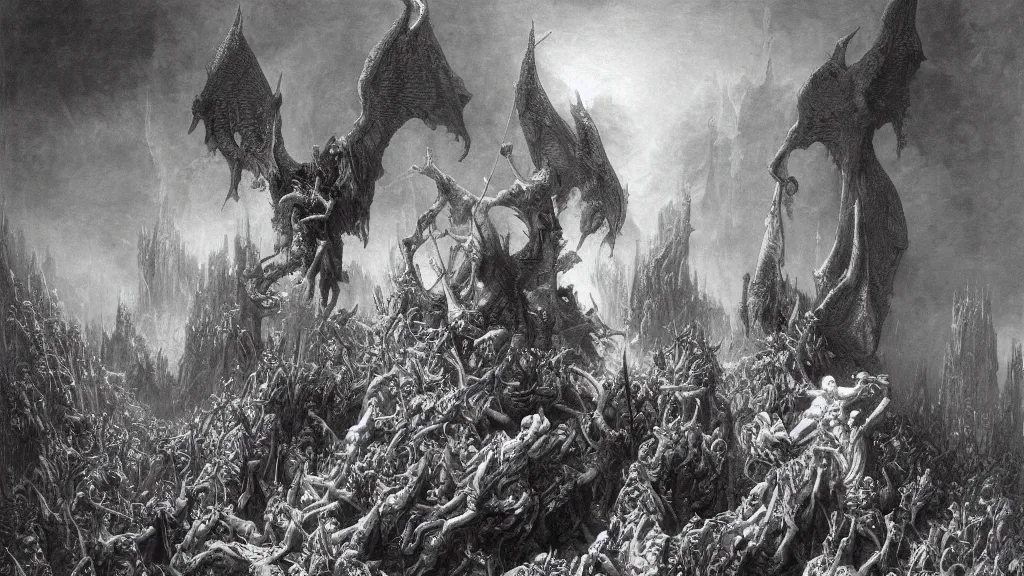 Image similar to satans fall from paradise into hell by gustave dore, james ryman, wayne barlowe. muted color