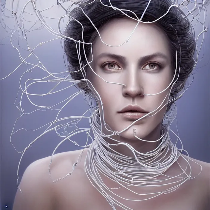 Image similar to hyperrealist portrait of a symmetrical queen 2 0 4 4 space sport engineer, it is decorated with long white wires and white flowers that fall like vines and wears a huge computer crown by roberto ferri, fantasy art, photo realistic, dynamic lighting, unreal engine rendered, artstation, poster, dramatic light, very detailed faces, - 8 k, award winning