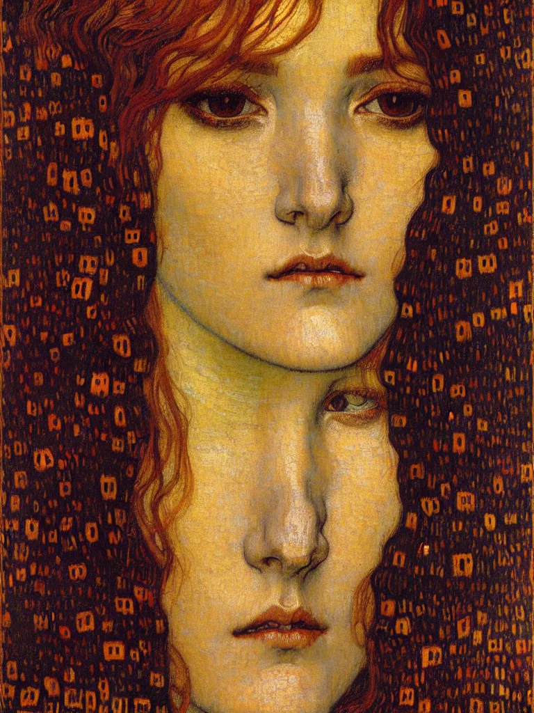 Image similar to detailed realistic beautiful young medieval queen face portrait by jean delville, gustav klimt and vincent van gogh, art nouveau, symbolist, visionary, gothic, pre - raphaelite, muted earthy colors, desaturated