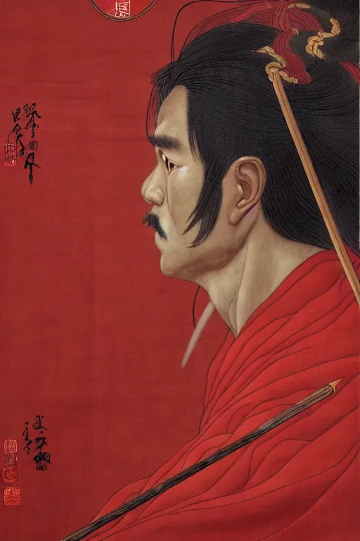 Image similar to a masterpiece portrait of legendry nezha flies riding on the wind fire wheels across the sea, water everywhere, chinese mythology, side view, red cloth around his shoulders, hold spear, cinematic, fantasy character portrait, highly detailed, by ne zha ( 2 0 1 9 ), fenghua zhong