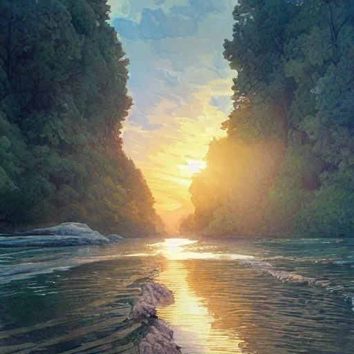 Image similar to River leading into a sunset, Watercolor, photorealistic, high resolution, award winning, trending on artstation, intricate, elegant, highly detailed, digital painting, artstation, concept art, smooth, sharp focus, illustration, art by artgerm and greg rutkowski and alphonse mucha