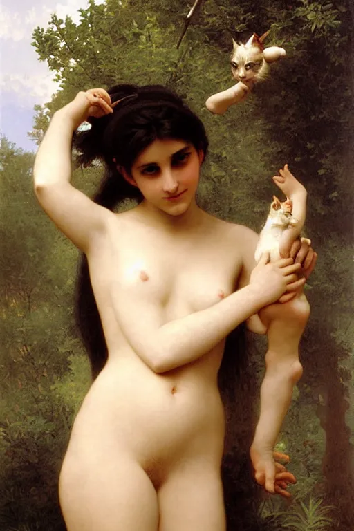 Image similar to a catgirl as a greek goddess, painting by william adolphe bouguereau