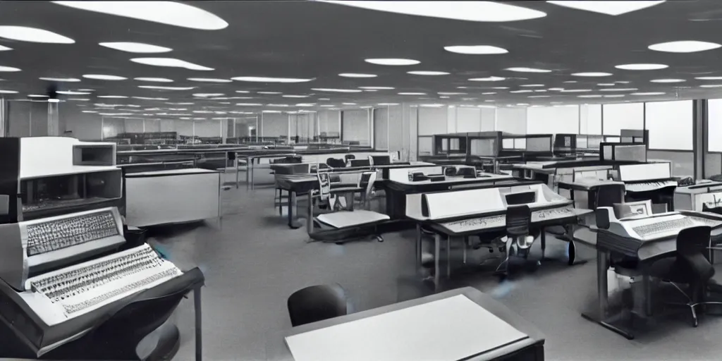 Image similar to a large 1970's computing room with 9-track machines and glowing screens. by IBM by Amdahl.