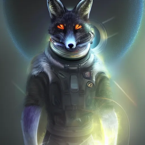 Image similar to a space fox, portrait, sci fi style, modern look, digital art, traveling through time and space, expressive lighting, aura, beautiful