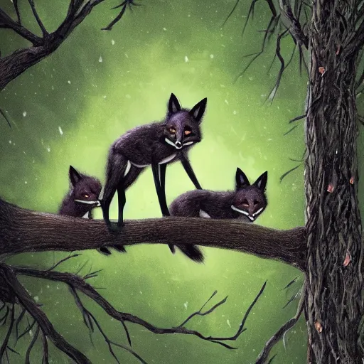 Prompt: three black foxes sitting on a high branch in a tree looking down, dense green forest, night time, pitch black sky, stars, extreme low angle view, detailed illustration, hd, overdetailed art, photorealistic, by Aaron Blaise, trending on ArtStation, concept art, cgsociety, octane render, trending on artstation, artstationHD, artstationHQ, unreal engine, 8k