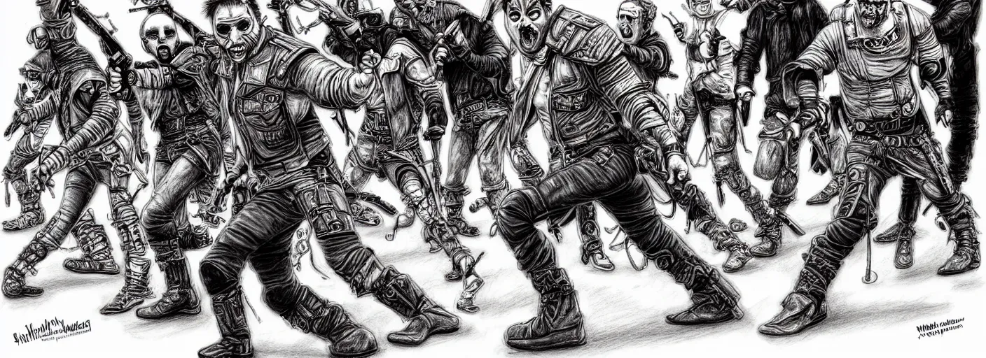 Image similar to mad max the road warrior walking silly in the ministry of silly walks, pencil drawing by james jean, very silly