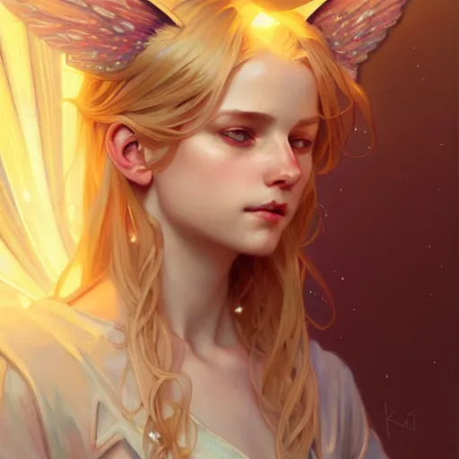 Image similar to Portrait of a girl angel with blonde hair, cat ears, glowing halo, wings, fantasy, intricate, elegant, highly detailed, digital painting, artstation, concept art, smooth, sharp focus, illustration, art by Krenz Cushart and Artem Demura and alphonse mucha