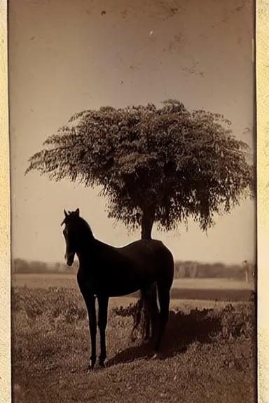 Image similar to an 1800s photo of 2 horses on top of a tree