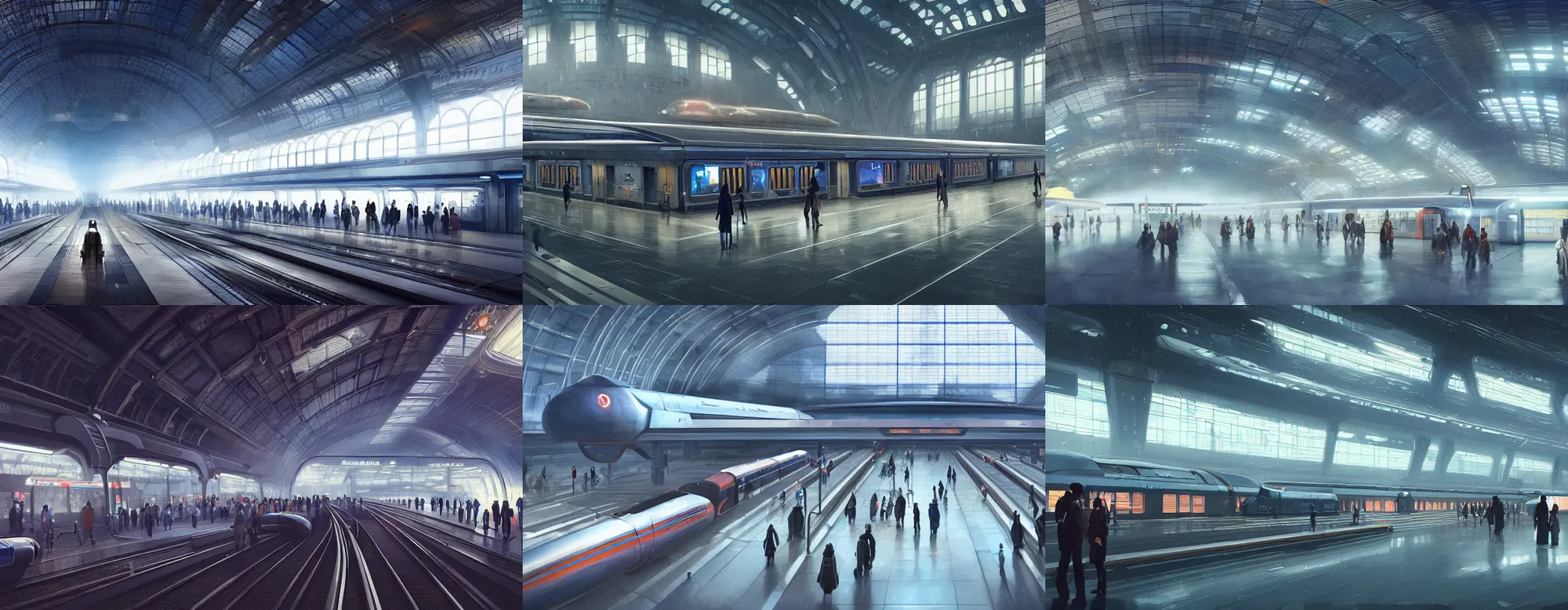 Prompt: a digital painting wide cinematic shot of a futuristic grand train station, supersonic trains and passengers, large commercial led screens, soft light, cyberpunk sci - fi by greg rutkowski tamas medve masashi imagawa albert ramon puig xuteng pan, award winning artstation, octane render, 4 k hd wallpaper very detailed