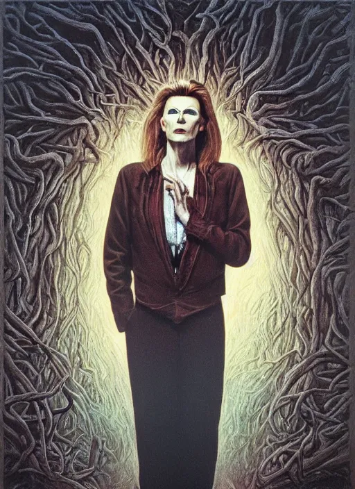 Prompt: twin peaks poster art, portrait of david bowie stands before the labyrinth, his fate for the next two years, by michael whelan, rossetti bouguereau, artgerm, retro, nostalgic, old fashioned