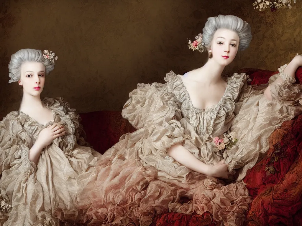 Prompt: digital art, marie antoinette beautiful young woman with baroque wig with flowers laying on couch,