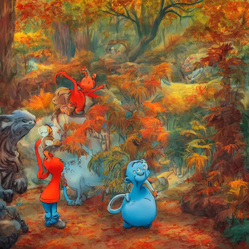 Image similar to last saturday I took my mommy and my daddy to the zoo, by Dr. Seuss and Don Freeman, illustration, warm colors, autumn, artstation