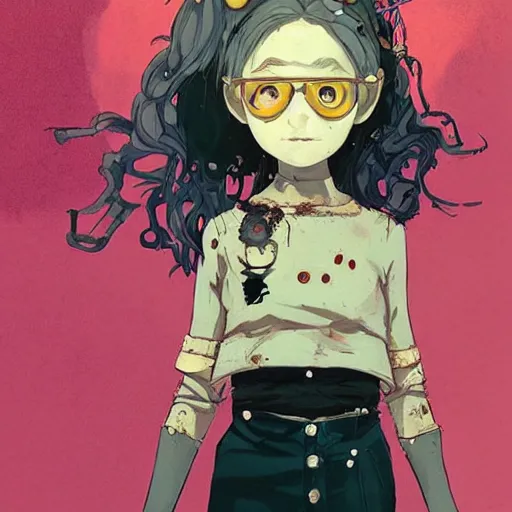 Prompt: Highly detailed portrait of a punk zombie young lady with freckles and brown curly hair hair by Atey Ghailan, by Loish, by Bryan Lee O'Malley, by Cliff Chiang, by Goro Fujita, by Greg Tocchini, inspired by ((image comics)), inspired by nier:automata, inspired by graphic novel cover art !!!gold, silver, opal, brown, black, and white color scheme ((grafitti tag brick wall background))