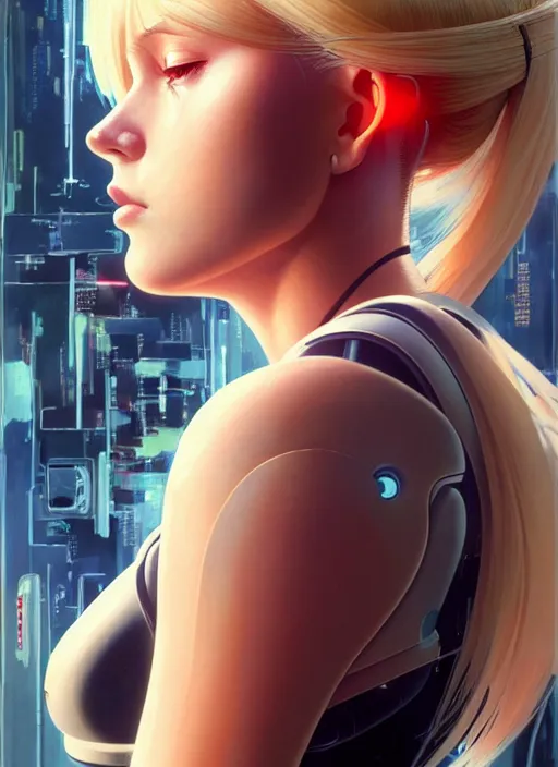 Image similar to side portrait of blonde cyborg girl with robotic parts | | head only in center of image, audrey plaza, fine detail!! anime!! realistic shaded lighting!! poster by ilya kuvshinov katsuhiro otomo ghost - in - the - shell, magali villeneuve, artgerm, jeremy lipkin and michael garmash and rob rey