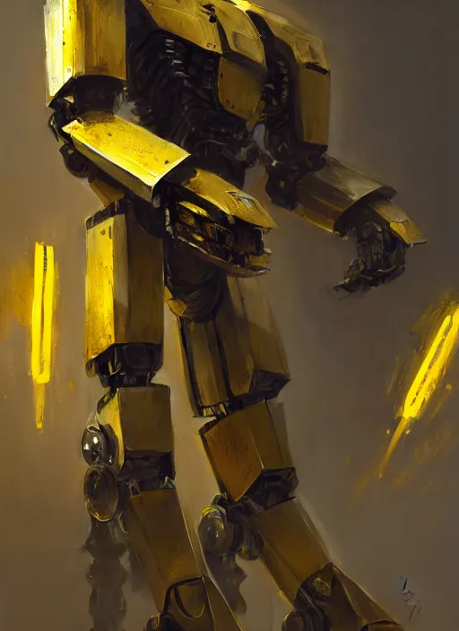 Prompt: human-sized strong intricate yellow pit droid, carrying longsword and big paladin shield, pancake flat head, exposed metal bones, painterly humanoid mecha, full body, sharp focus, cinematic, by Greg Rutkowski