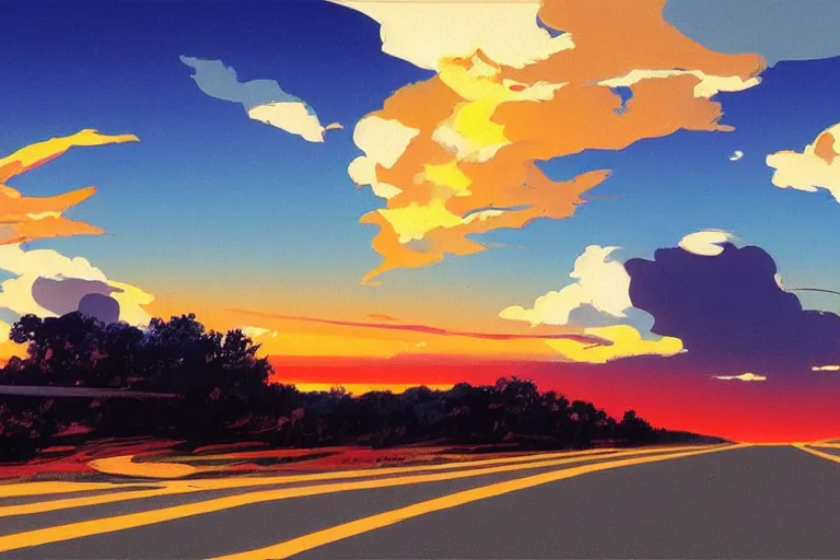 Image similar to country roadside sunset sky clouds illustration by syd mead artstation 4 k graphic novel concept art matte painting