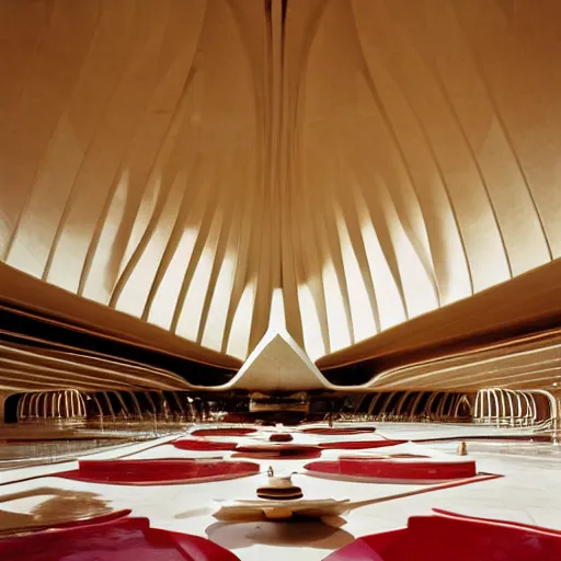 Image similar to interior of a futuristic lotus temple with gold, red and white marble panels, in the desert, by buckminster fuller and syd mead, intricate contemporary architecture, photo journalism, photography, cinematic, national geographic photoshoot