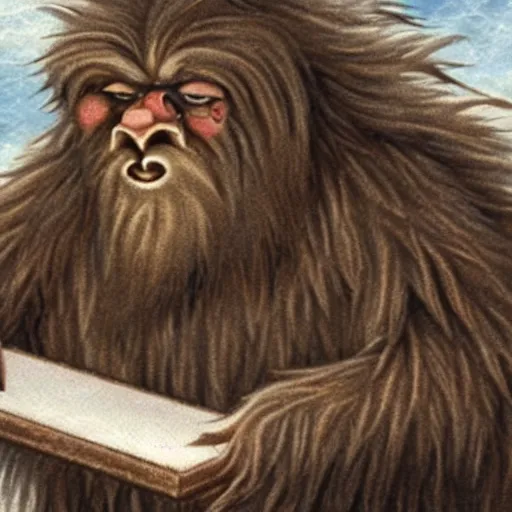 Image similar to a high detailed realistic photo of a long haired yeti writing on parchment with a quill in a windy snowstorm with fur being blown in the wind