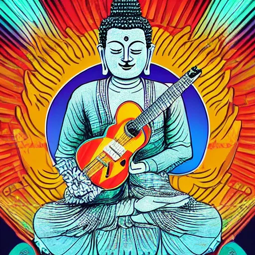 Image similar to buddha playin guitar with his band. symmetrical anatomy, very detailed design, complexity of the picture, with pop punk style, colorful, accompanied by body, pure image without duplication, trending dribble, drawn by vinicius gud and gustavo zambelli
