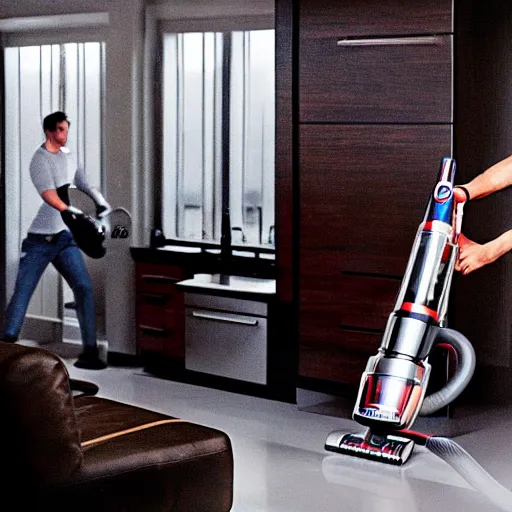 Image similar to a realistic photography of mike tyson vacuuming his kitchen with a dyson vacuum photoshoot fashion