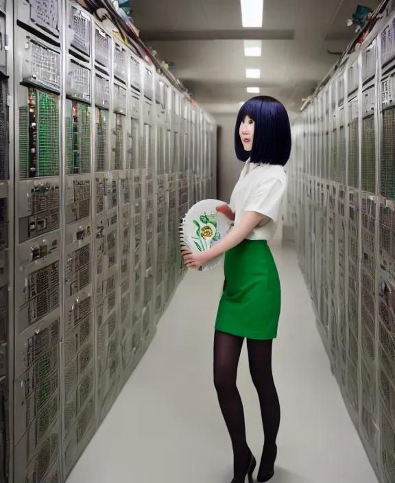 Image similar to asian girl, bobbed and bowl cut hair, pine green hair color, standing in a server room, wearing business casual dress, 4 k, vaporwave, cinecolor, perfect detail