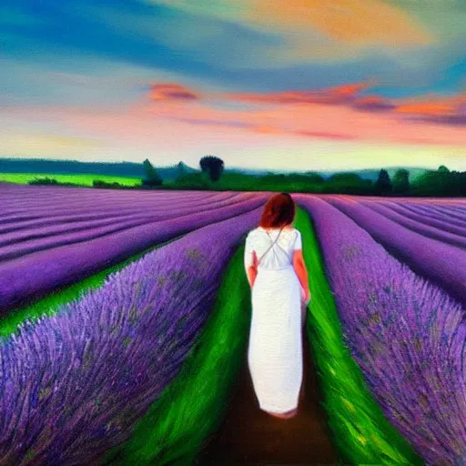 Prompt: Behind woman in white dress crossing a lavender field in sunset, beautiful oil painting