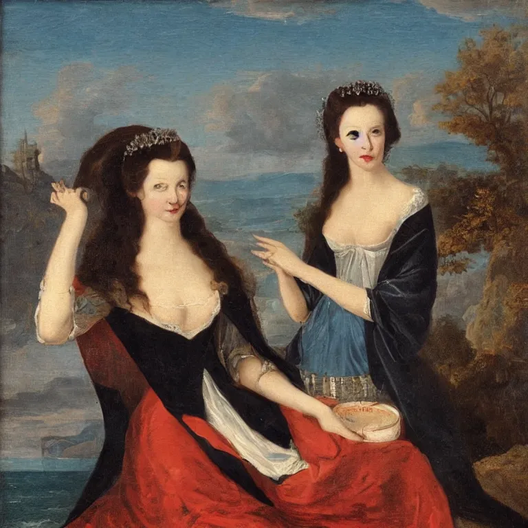 Image similar to portrait of ancient vampire queen enjoying a day at the beach, 18th century