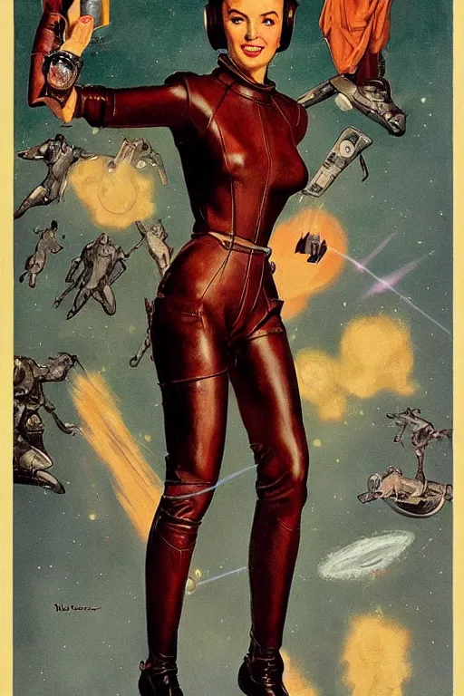 Image similar to 5 0 s pulp scifi fantasy illustration full body portrait slim mature woman in leather spacesuit firing retro ray gun laser beam, by norman rockwell, roberto ferri, daniel gerhartz, edd cartier, jack kirby, howard v brown, ruan jia, tom lovell, frank r paul, jacob collins, dean cornwell, astounding stories, amazing, fantasy, other worlds