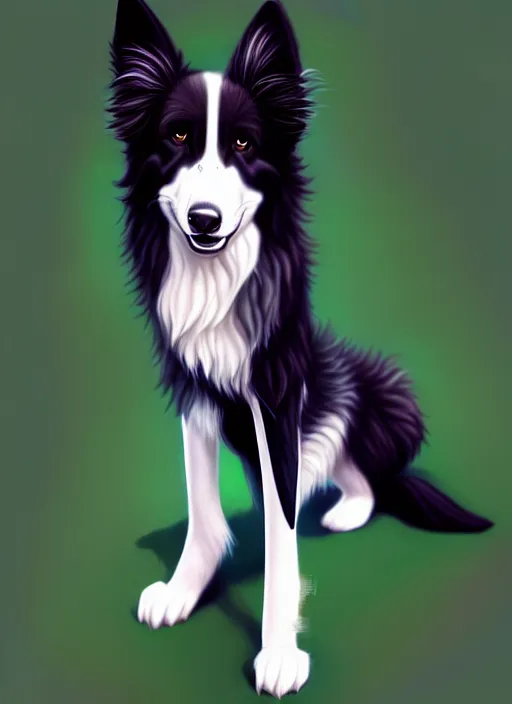 Image similar to wide angle beautiful full body portrait of a cute male bipedal border collie fursona posing in front of a park, character design by charlie bowater, henry asencio, and ross tran, furry art, furaffinity, beautiful, glamor pose, detailed, aesthetic, trending on artstation