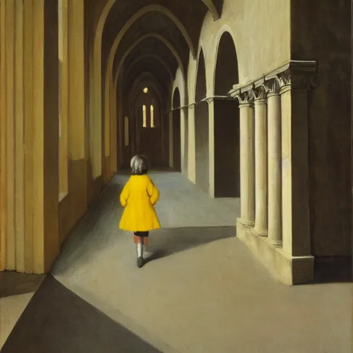 Image similar to in the distance, a little girl with short black hair and wearing a yellow coat alone in the inner courtyard of a cloister in an abbey, the light is bright and wintry, painting by hopper and de chirico