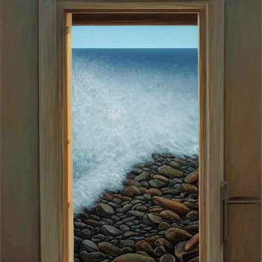 Prompt: a gust of national seashore sea air pushed open the door by jeffrey smith, oil on canvas