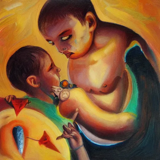 Image similar to stock photo of Saturn eating his child, oil on canvas, trending on artstation, deviantart