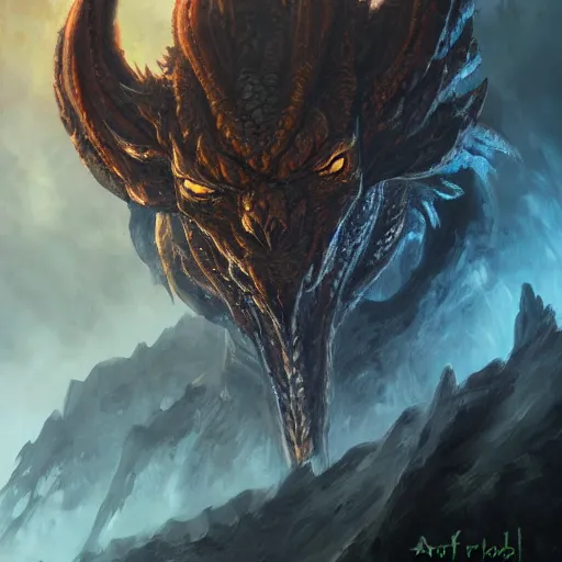 Image similar to oil painting of dragon forest, dnd character, fantasy, realistic textured skin, balrog head, glowing eyes, sharp focus, artgem, boris valejo, frank frazetta, heavy metal style, trending on artstation, digital painting, julie bell, beautiful, very detailed,