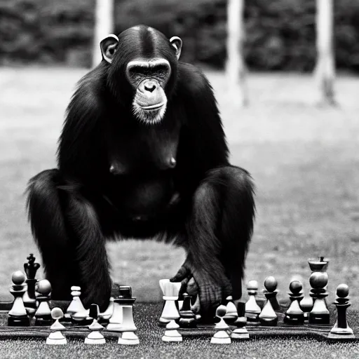 Prompt: black and white portrait photo of a chimpanzee playing chess in a park by annie liebovitz,