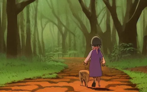 Image similar to a young girl with her pet capybara walking through the forest, raining, shot from the side, art by hayao miyazaki, studio ghibli film, 4k, hi res, high detail