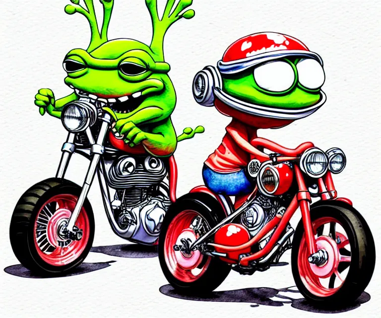 Image similar to cute and funny, closed mouth pepe wearing a helmet riding in a tiny hot rod harley motocrycle with oversized engine, ratfink style by ed roth, centered award winning watercolor pen illustration, isometric illustration by chihiro iwasaki, edited by range murata, details by artgerm