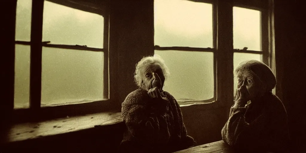 Image similar to portrait bust of old woman sitting at table, looking outside, tired expression, faded color film, russian cinema, tarkovsky, kodachrome, inside old cabin, next to window, heavy forest outside, long brown hair, old clothing, heavy fog, brown color palette, sunset, low light, hudson river school, 4 k, dramatic lighting, greg rutkowski