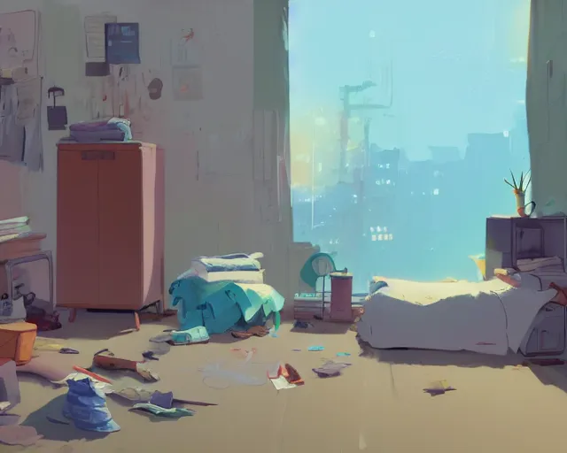 Image similar to an untidy room with laundry on the floor, detailed, by cory loftis, james gilleard, atey ghailan, makoto shinkai, goro fujita, studio ghibli, plain background