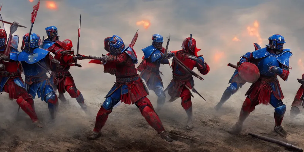 Image similar to mid action shot cinematic artwork of warriors in blue armor fighting warriors wearing red Chinese armor on the battlefield by greg rutowski, masterpiece, 4k