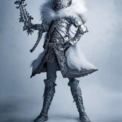 Image similar to studio portrait of albino snow elf archer in an ornate silver armour, handsome, elegant, ultrafine hyperrealistic detailed face illustration by kim jung gi, irakli nadar, intricate linework, sharp focus, bright colors, matte, octopath traveler, final fantasy, unreal engine highly rendered, global illumination, radiant light, intricate environment