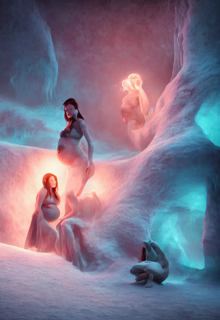 Prompt: epic pregnant woman talking to all her tribe with fluorescence bodies, proud people gather around the pregnant woman, ice cave, facinating, fantasy digital art, octane render, beautiful composition, trending on artstation, award - winning photograph, masterpiece