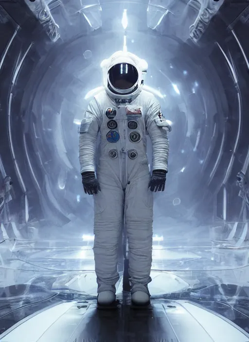 Image similar to symmetry poster art by craig mullins astronaut in futuristic dark and empty spaceship underwater. infrared glowing lights. complex and hyperdetailed technical suit. reflection and dispersion materials. rays and dispersion of light. volumetric light. 5 0 mm, f / 3 2. noise film photo. flash photography. unreal engine 4, octane render. interstellar movie poster