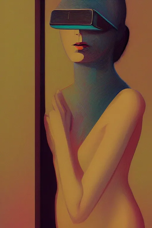 Image similar to woman wearing oculus and digital glitch head edward hopper and james gilleard, zdzislaw beksisnski, higly detailed