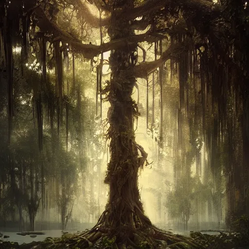 Image similar to 🍺💪🚶‍♂️🌳 a beautiful living tree in the middle of a swamp, digital Art, Greg rutkowski, Trending artstation, cinematic